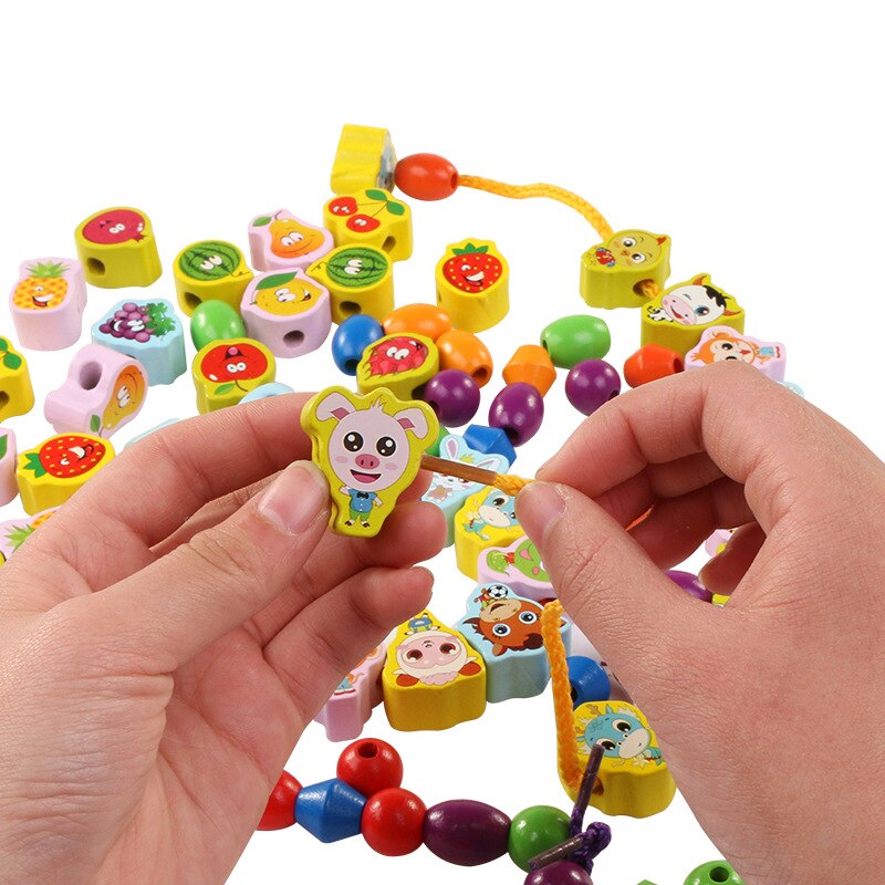 Kids Wooden Toys Cartoon Fruit Animal Beaded Toys Pull Lace Wood Beads Game Puzzle DIY Matching Accessories Beads