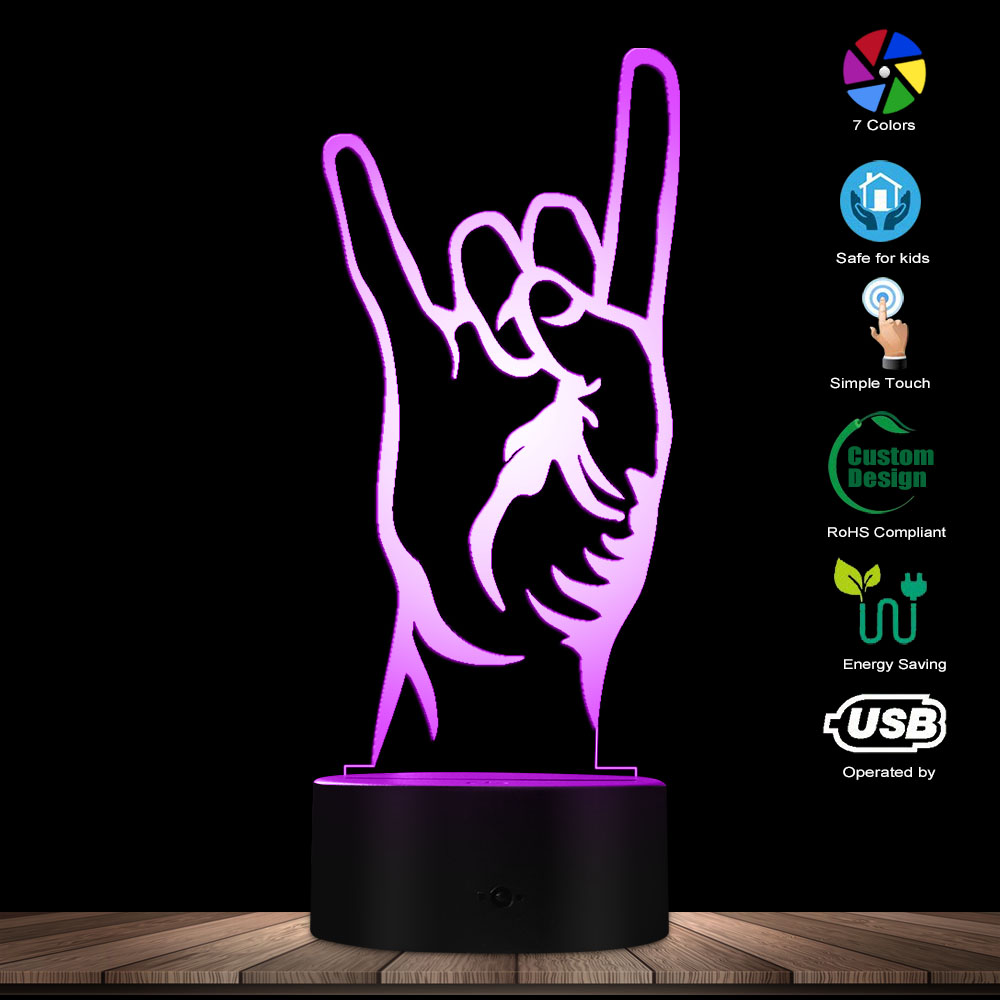 Moderne Rock En Roll Hand Gebaar 3D Optische illusie Night Lamp Rock Op Hand Teken Silhouet Bureaulamp Creatieve lamp