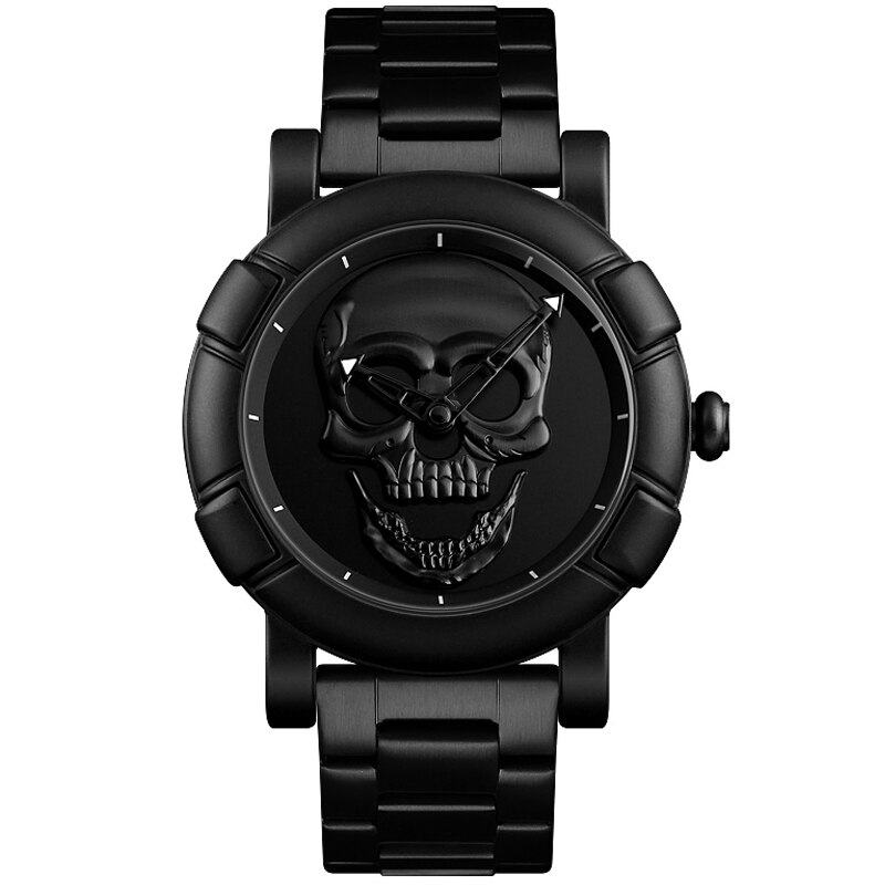 Black Gold Dial Quartz Watch Men 3D Skull Head Pattern Stainless Steel Steampunk Rock Engraved Cool Mexico Man Male reloj hombre