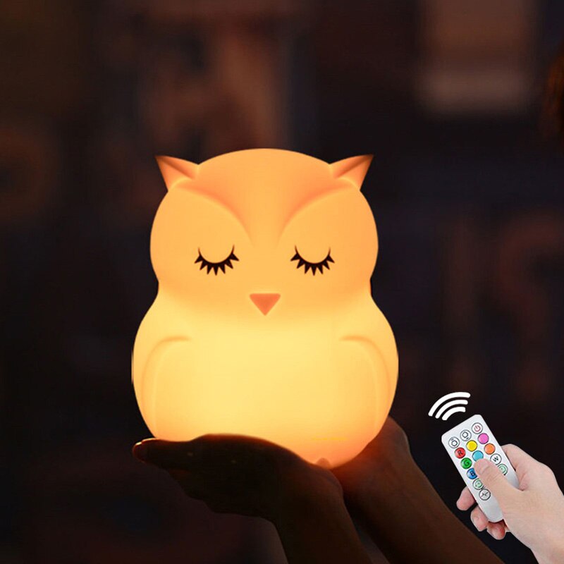 Led-nachtlicht mit cartoon-eule, touch-sensor, fernbedienung, 9 farben, dimm-timer, wiederaufladbare silikonlampe für kinder und babys