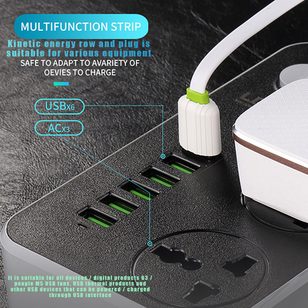 6 USB Universal Power Strip Desktop Extension Cord Socket For Home Office Phone 3-Pin US Plug