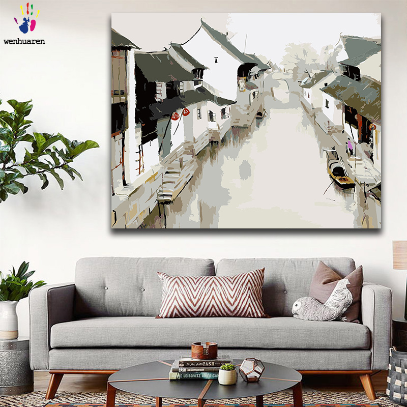 Bricolage colorations photos par numéros avec des couleurs Jiangnan eau ville style chinois image dessin peinture par numéros encadré maison