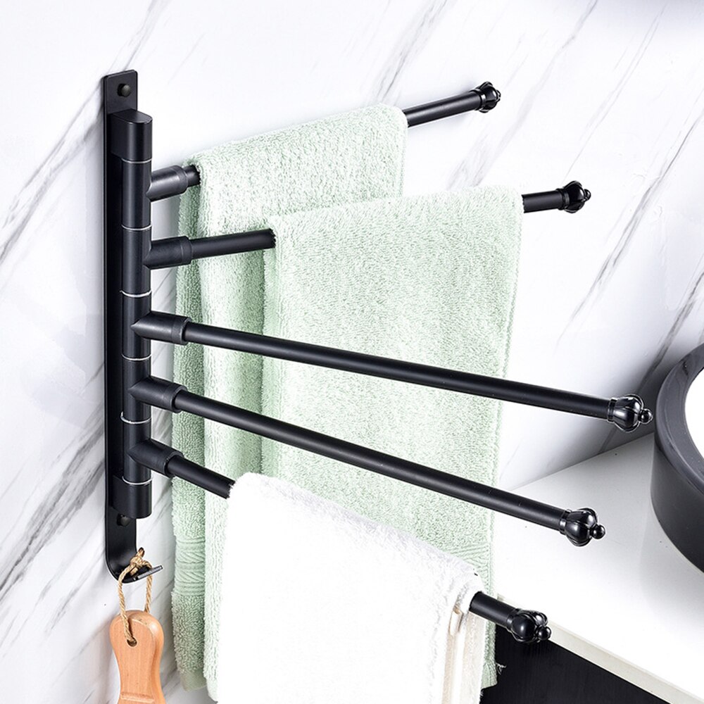 Badeværelse vægmonteret håndklædeholder holder roterende bar håndklædeholder tøjkrog tøjkrog badeværelsestilbehør sæt rum aluminiumsstang: Sort 5- bar