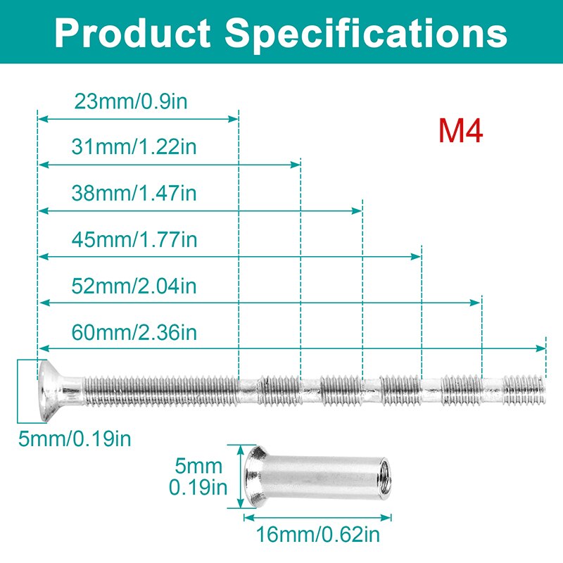 M3 M4 Door Handle Screws Nickel Plated Connecting Fixing Sleeve Bolts Male to Female Screws for Escutcheons Door Handle Knobs: 24 Sets M4