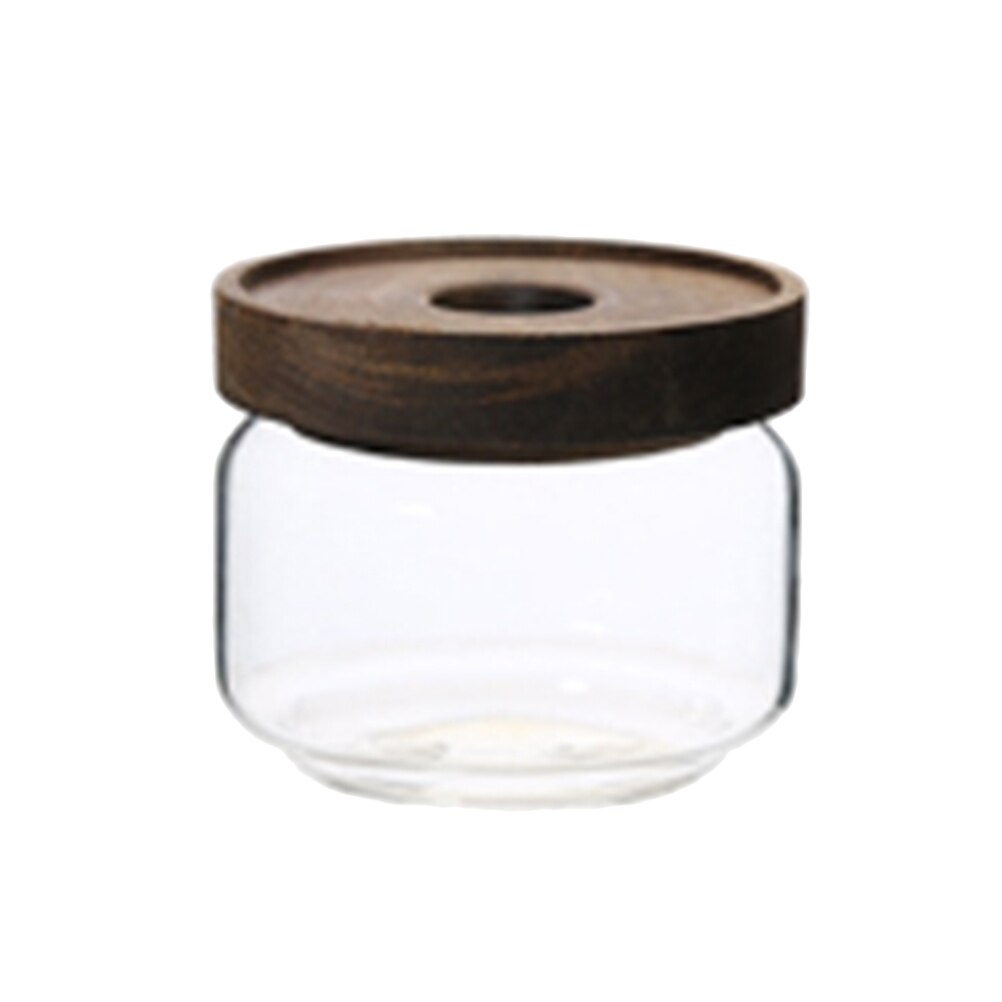 Snoeppot met houten deksel, hoge borosilicaatglas, transparante opslagtank, duurzame voedselcontainer voor kruiden, snoepgoed: 350ml 9 x 7.5cm