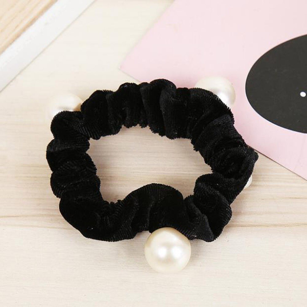 1PC Parels Velvet Hair Scrunchies Haar Touw voor Vrouwen Meisjes Paardenstaart Houder Elastische Haar Elastiekjes Hoofddeksels Haar Accessoires: Black