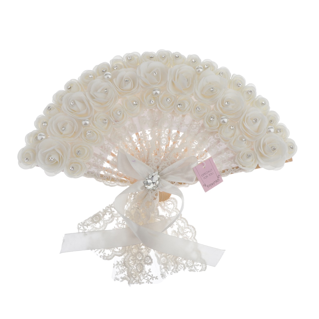 Lace Rose Flowers Plastic Folding Hand Held Fan (White)
