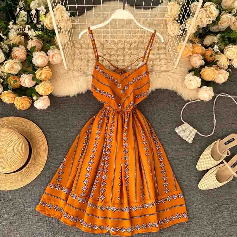 Yuoomuoo Vrouwen Boho Print Jurk Zomer V-hals Backless Bandage Strand Chiffon Jurk Vrouwen Mode A-lijn Jurk Zonnejurk: Oranje