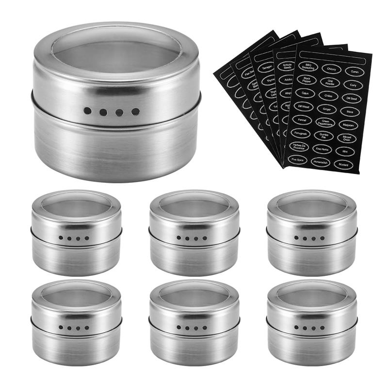 Magnetic Spice Jar Set With Stickers Stainless Steel Spice Tins Spice Storage Container Pepper Seasoning Sprays Tools: With Spice Label
