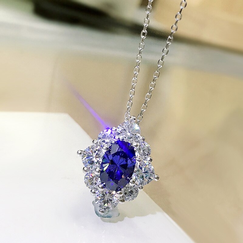 Oevas 100% 925 sterling silber 6*9mm saphire, hochkohlenstoffhaltige diamanten 43cm anhänger halskette für damen funkelnder hochzeitsschmuck