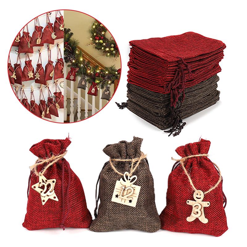 Christmas Calendar Bag Environmentally-Friendly 24 Advent Calendar Burlap Bag, Durable Hanging Drawstring Bag