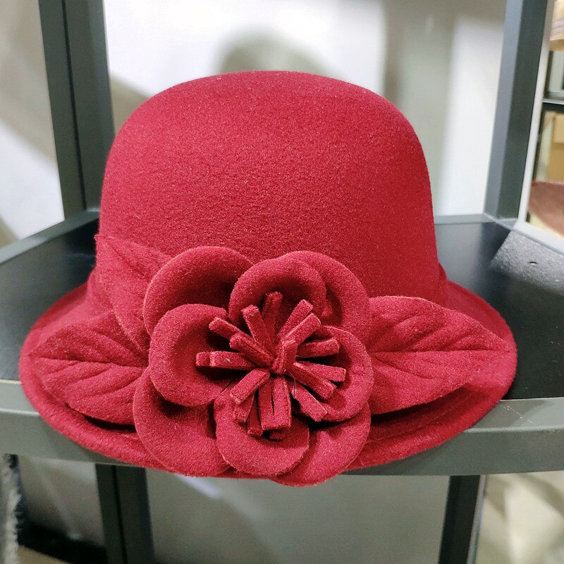 Chapeau Fedora en laine pour femmes, chapeau seau à fleurs texturées, , en forme de dôme, à la , automne hiver: Red wine