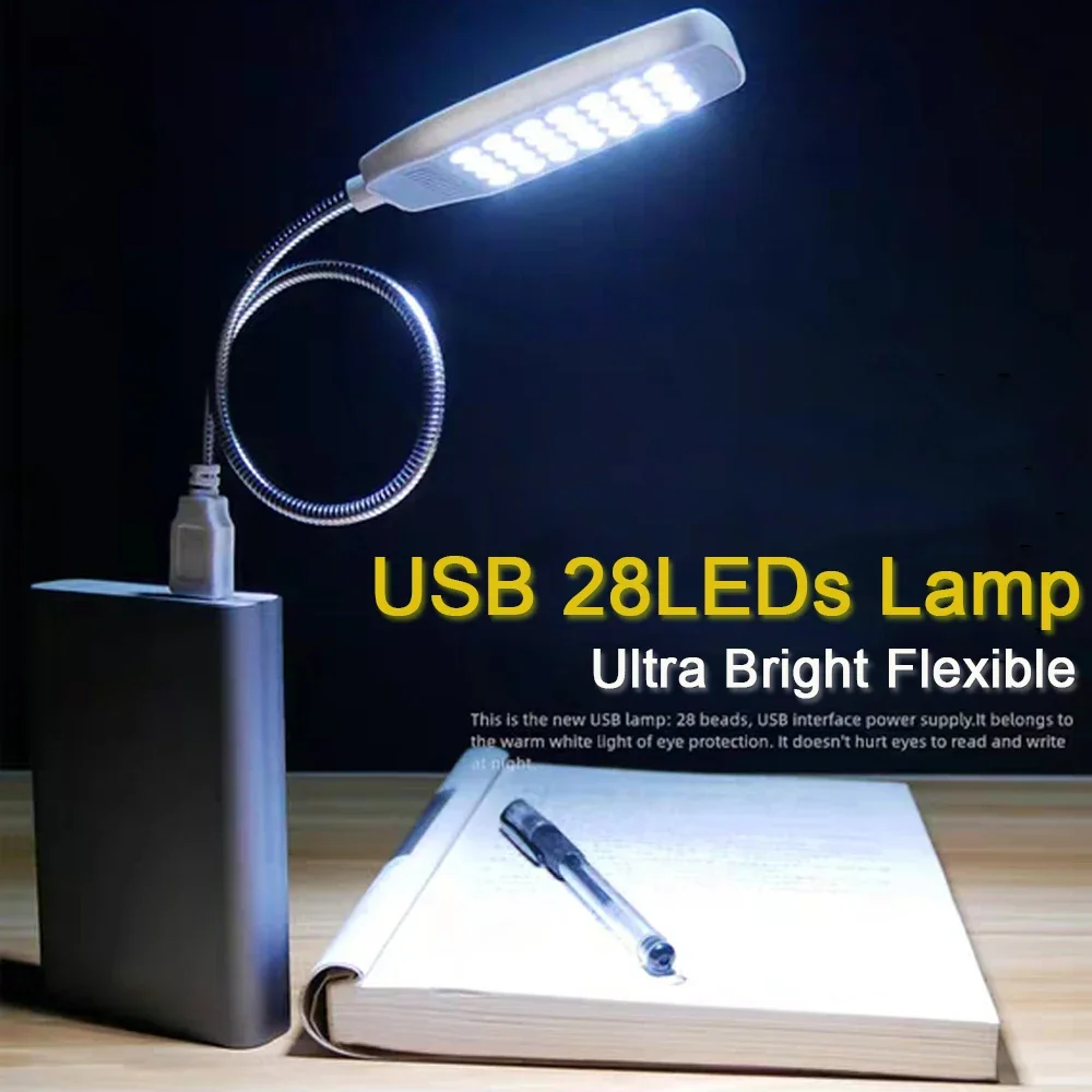 Lámpara de lectura ultrabrillante de 28 LED, luz LED portátil USB para libros, lámparas de mesa flexibles, lámpara de noche para ordenador PC