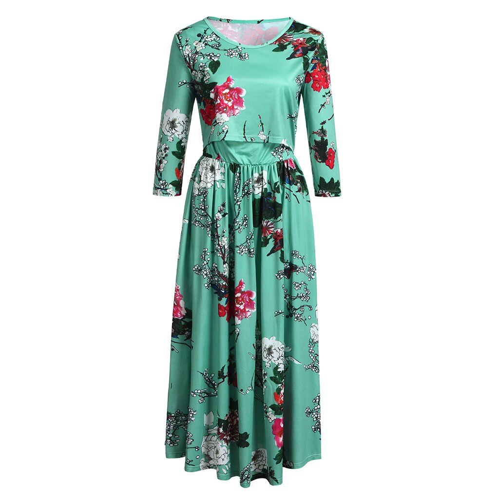 Vrouwen Zwangerschap Jurk Bloemen Bloemen Jurk Moederschap Baby Verpleging Kleding Zwangere Vrouw Katoen Gestreepte Borstvoeding Lange Jurk: Green  / M