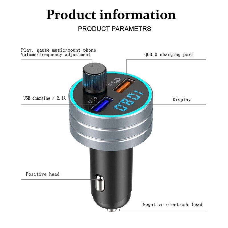 Bluetooth 5.0 auto  mp3 speler handsfree autokit usb autolader snel opladen 3.0 dubbele usb mobiele auto telefoonlader fm-zender