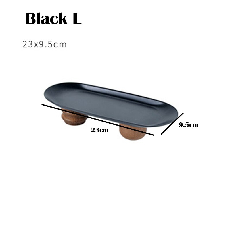 Bandeja de almacenamiento de hierro, soporte de exhibición de placa decorativa de pies altos de madera, bandejas decorativas de joyería, sala de estar, cocina, almacenamiento: Black L