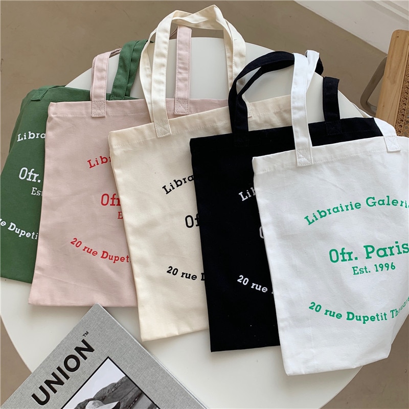 Women Canvas Shopping Bag Paris Letters Print Shoulder Bag Eco Cotton Linen Shopper Bags Cloth Fabric Handbag Tote For Girls