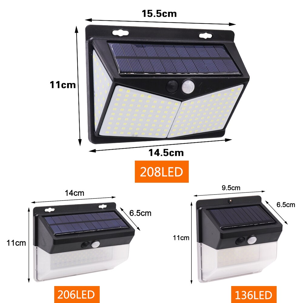 Led Solar Light Pir Motion Sensor 136/206/208 Led Waterdichte IP65 Led Wall Lamp 2835 Smd Grote Batterij Solar power Zonlicht