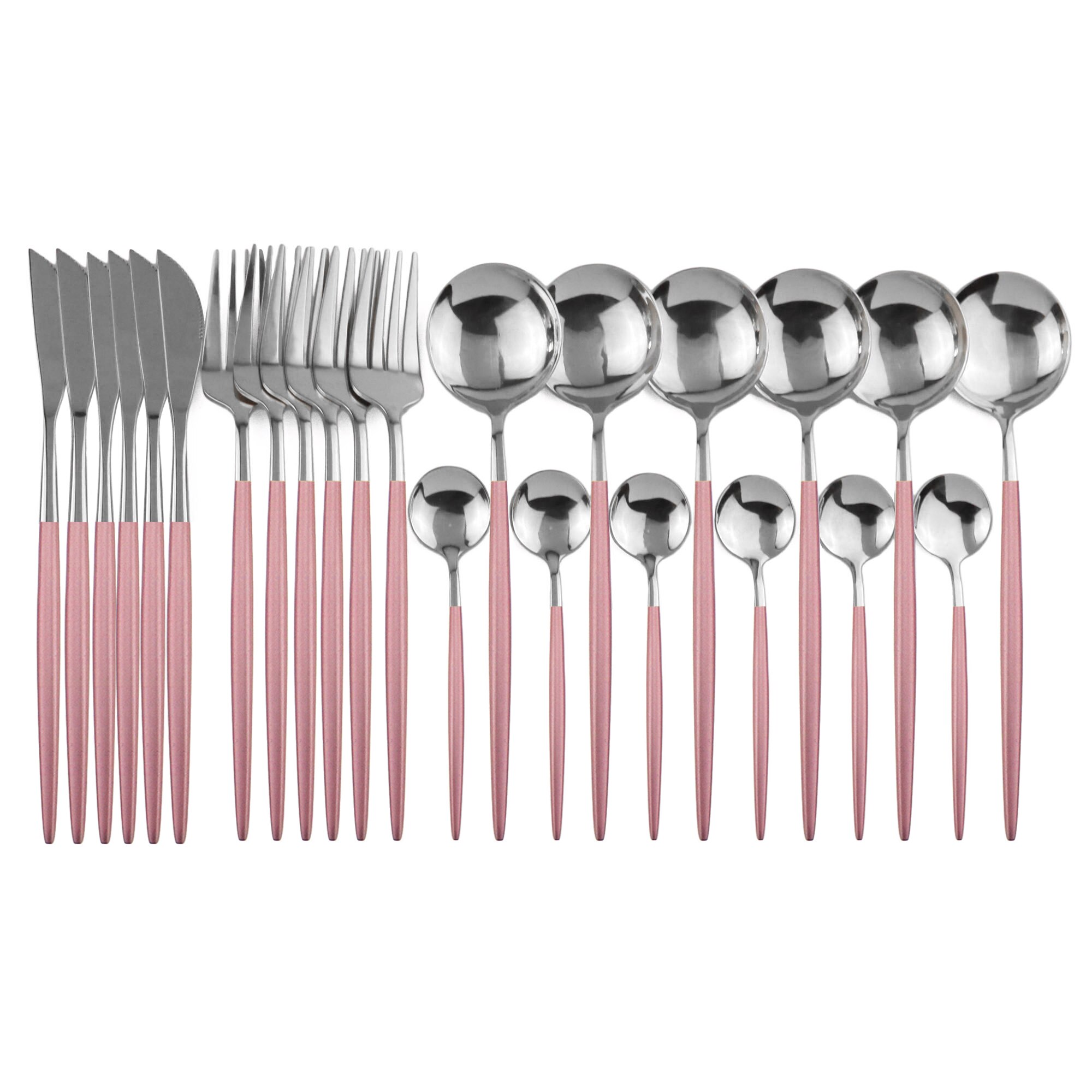 24Pcs/set Rose Gold Cutlery Set 18/10 Stainless Steel Dinnerware Set Knives Forks Spoons Dinner Set Kitchen Tableware Silverware: 24Pcs Pink Silver