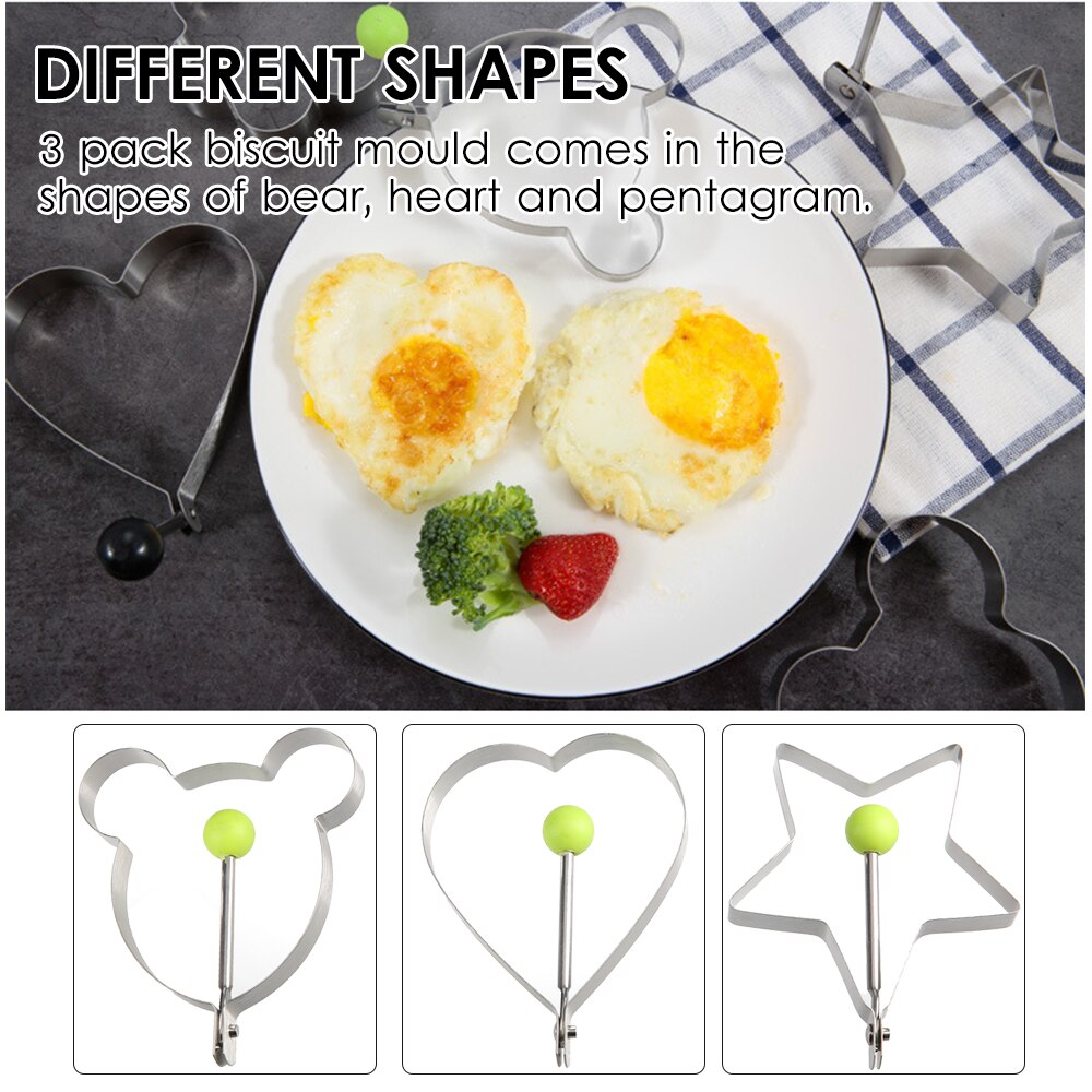 3 Pack Stainless Steel Egg Rings Egg Shapers Cookie Cutters Biscuit Mold Bear Heart Star Mold for Baking Cooking Kitchen Tool