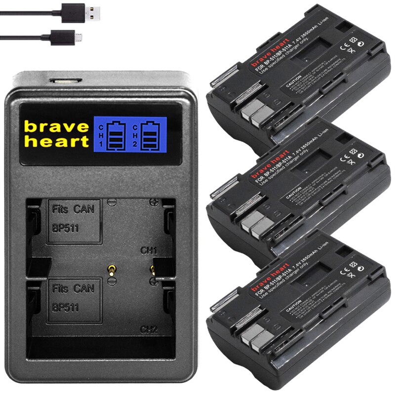 BP-511 BP-511A 2650mAh Camera Battery BP511 BP 511 For Canon EOS 40D 300D 5D 20D 30D 50D 10D D60 G6 BP 511A: charger and 3battery