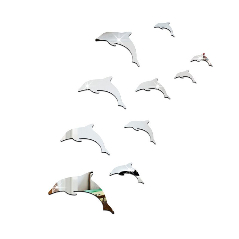 Wall Mirror Sticker Acrylic 3D Cute Dolphin Combination Mirror Effect Wall Sticker Decal Home Decor Bathroom Stickers Silver