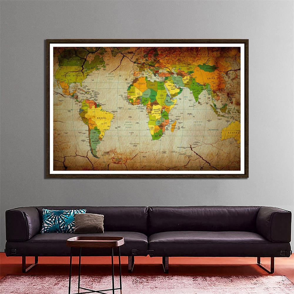 Retro Kraft Paper Style World Map 150x100cm Non Woven Foldable World Map For Office And School Education