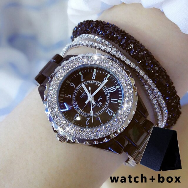 Bs Ceramic Watch Women Famous Brand Dress Female Wristwatch White Women Wrist Watches Rhinestone Clock: black-add-box
