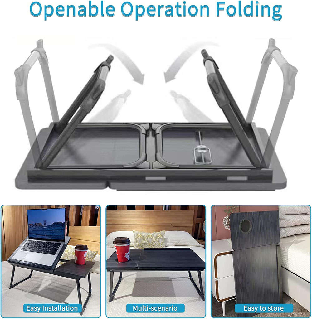 Laptopbord för säng eller soffa, knäbord, skrivbord för att arbeta i sängen, skrivbord för hemmakontor, frukostbricka, skrivbord med mugghållare