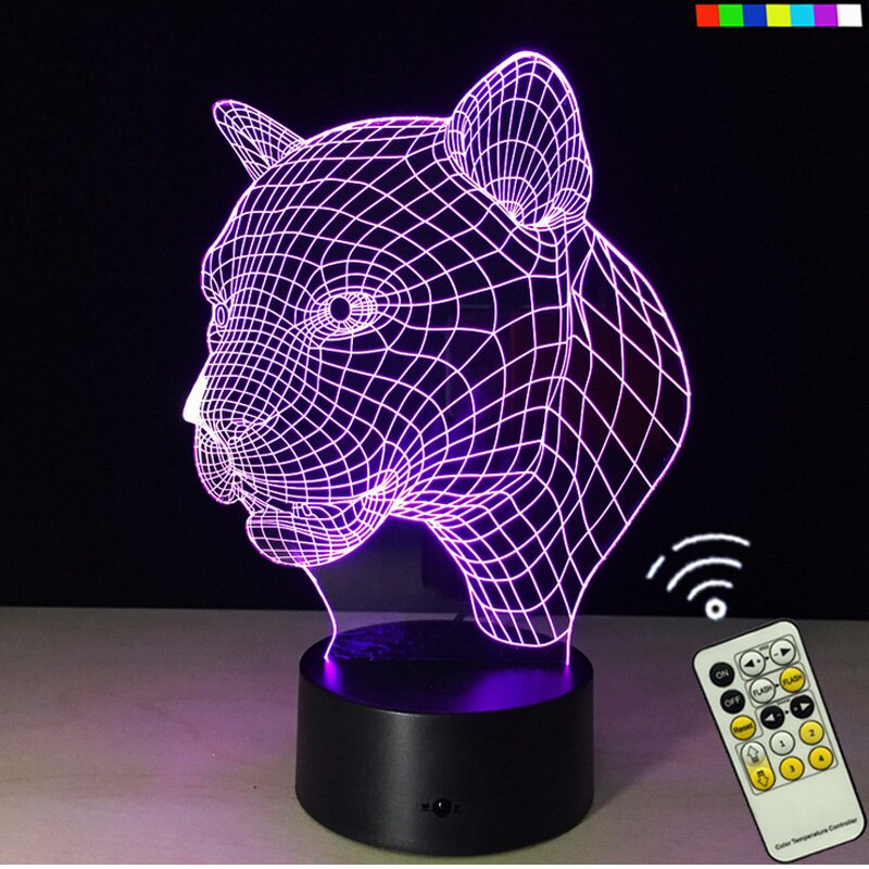 3D Lamp Leopard Head,3D Visual LED Touching Night Light,3D LED Visual Light with 7 Colorful