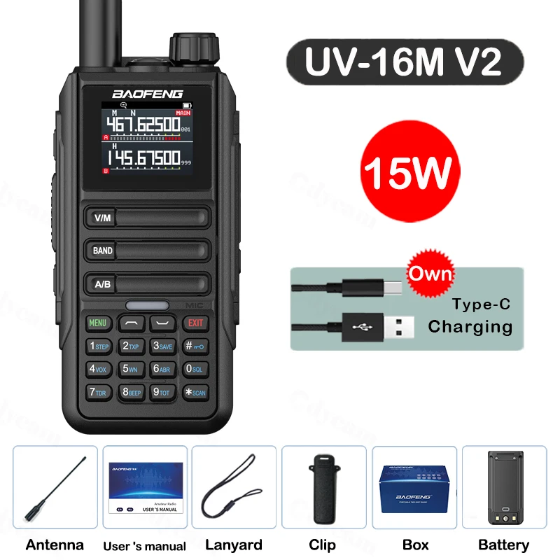 Upgrade Baofeng UV16M V2 Walkie Talkie 15W High Capacity AM FM 2-Way Radio Full Band LCD 999CH Frequency Copy NOAA Noise Reduce: WHITE