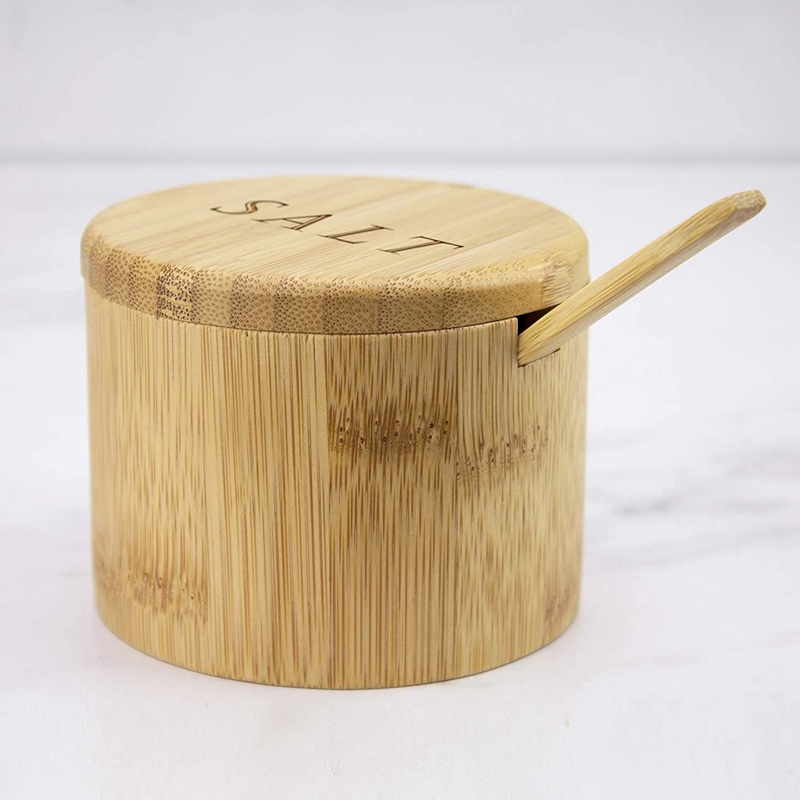 JHD-Salt Box, Bamboo Storage Box With Magnetic Swivel Lid, Salt Engraved On Lid With Bamboo Spoon Bamboo Salt Keeper
