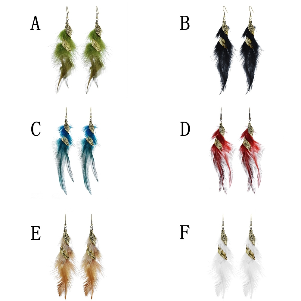 Pendientes de plumas largas bohemias de 6 colores, pendientes colgantes de plumas de hoja Retro elegantes a la para mujer, accesorios de vacaciones