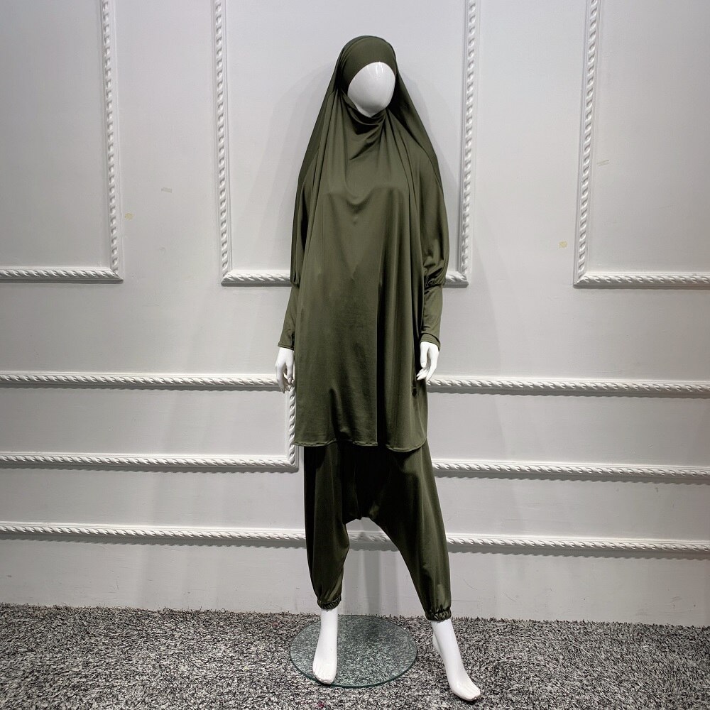2 sztuka zestaw modlitwa odzież pełna pokrywa sukienka Abaya Eid Ramadan muzułmański islamski długi Khimar Jilbab szaty kobiety workowate spodnie haremki: Dark Green