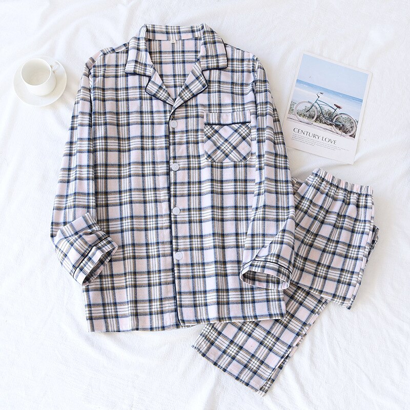 Pyjama à carreaux en flanelle pour Homme, vêtement de nuit en coton, manches longues, pantalon ample, printemps automne Hiver