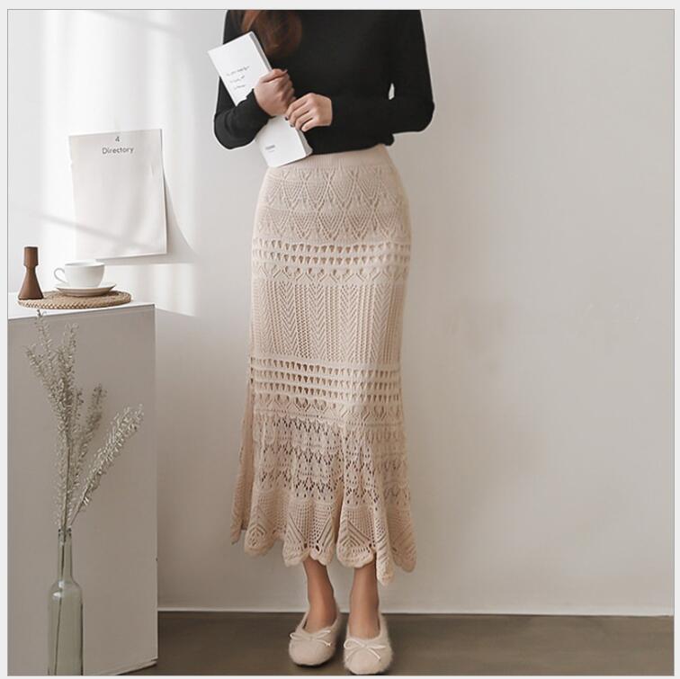 Jupes longues tricotées ajourées pour femme, Version élégante, tailles S à 5XL et 6XL, collection automne et hiver