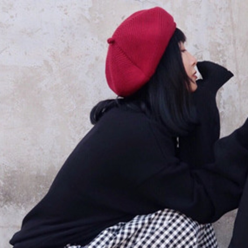 [eam] forår sommer ensfarvet rund kuppel temperament tyk varm strikhue kvinder tidevand all-match  oa713