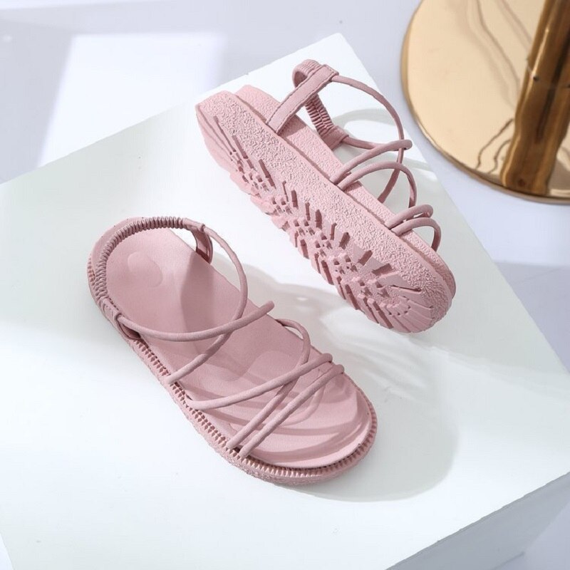 Sandalias de verano con correa cruzada, sandalias de suela gruesa para vacaciones en la playa, zapatos planos de playa para mujer: Rosa / 8