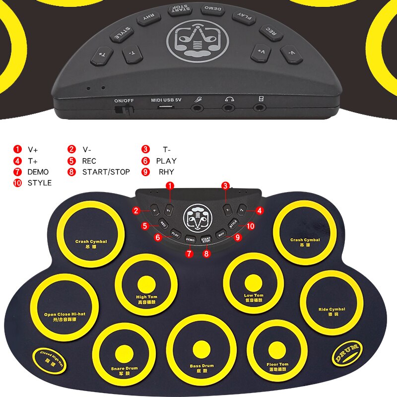 Compact Size USB Roll-Up Silicon Drum Set Digital Electronic Drum Kit 9 Drum Pads with Drumsticks Foot Pedals