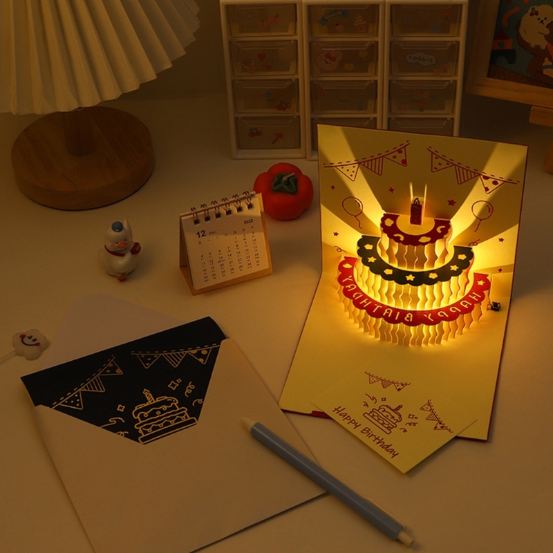 3D Birthday Cake Cards with Music Light Happy Birthday Pop-Up Greeting Postcards with Envelope Invitations For Kid Girl
