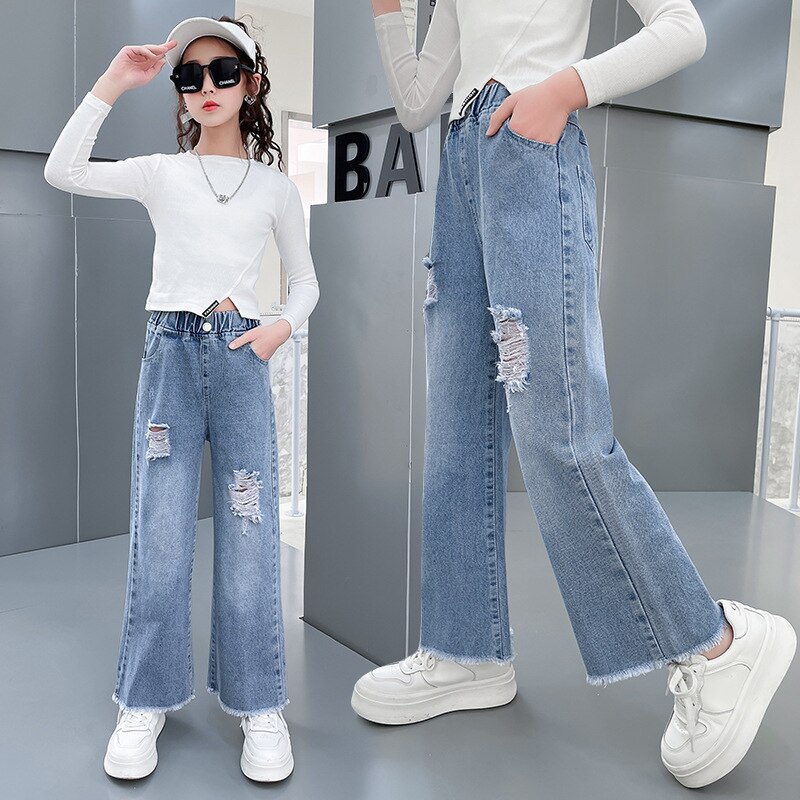 Pantalones vaqueros con agujeros rasgados para niña, pantalón informal de pierna ancha para adolescente, ropa para niña de 4, 5, 6, 7, 8, 10, 12 y 14 años, primavera y otoño