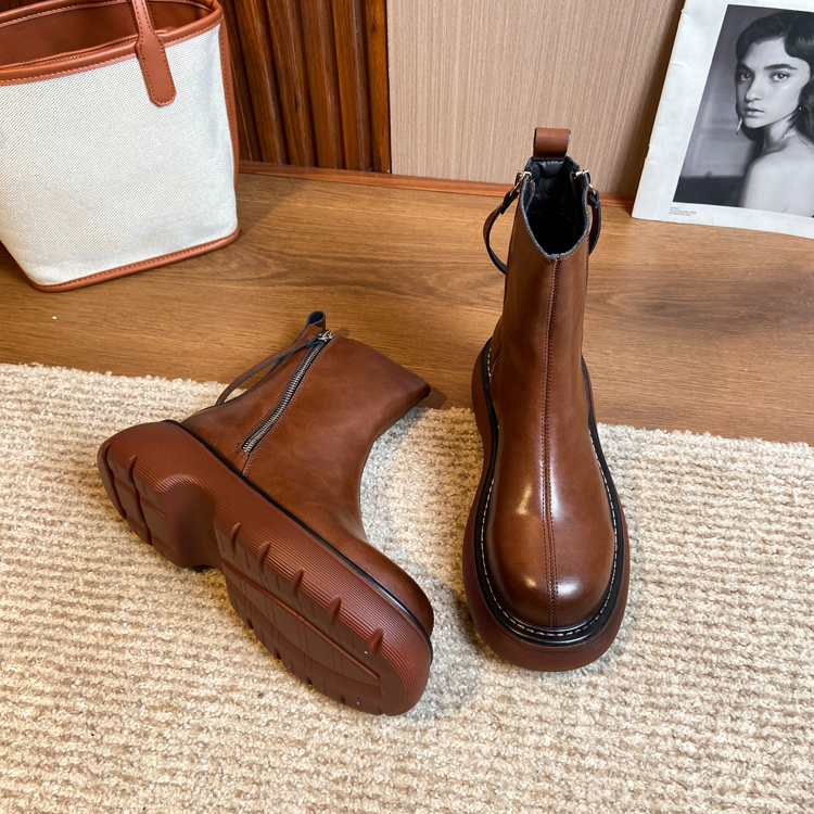 Thick Heel Platform Chelsea Boots for Women Zipper Boots Winter Round Toe Boots PU Leather Riding Boots: brown / 38