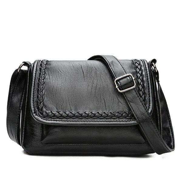 Kvinnlig liten väska vävda solida axelväskor mjukt pu läder dam messenger crossbody väskor med lock: Svart 1