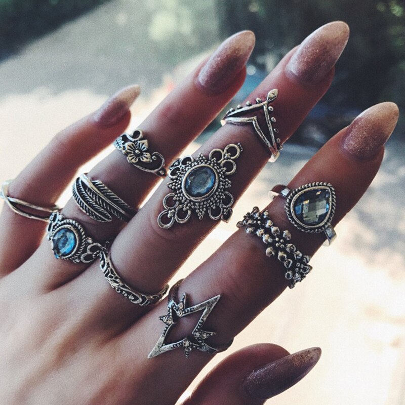 11 stks/set Vrouwen Boho Carving Bloemen Bladeren Water Sterren Kristallen Gem Joint Ring Lady Party Zilveren Bruiloft Ring