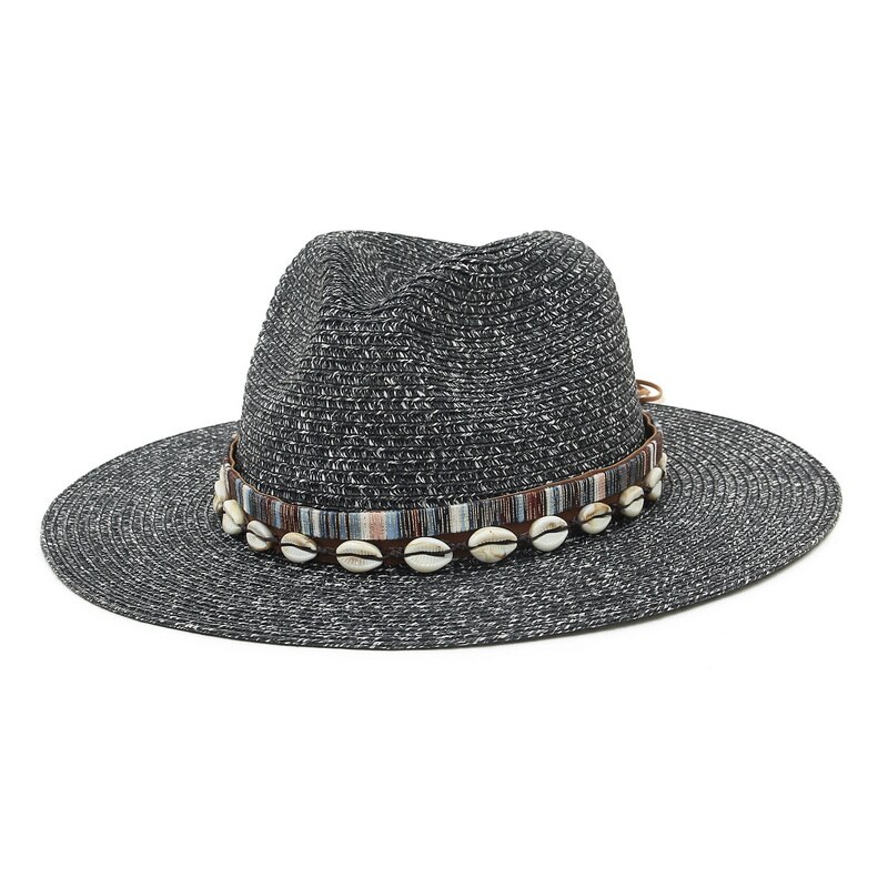2022 Shell Kwasten Cowgirl Zomer Hoed Papieren Hoed Voor Vrouwen Mannen Western Cowboy Strooien Hoed Dame Trendy Geweven Zonnehoed strand Cap: Black