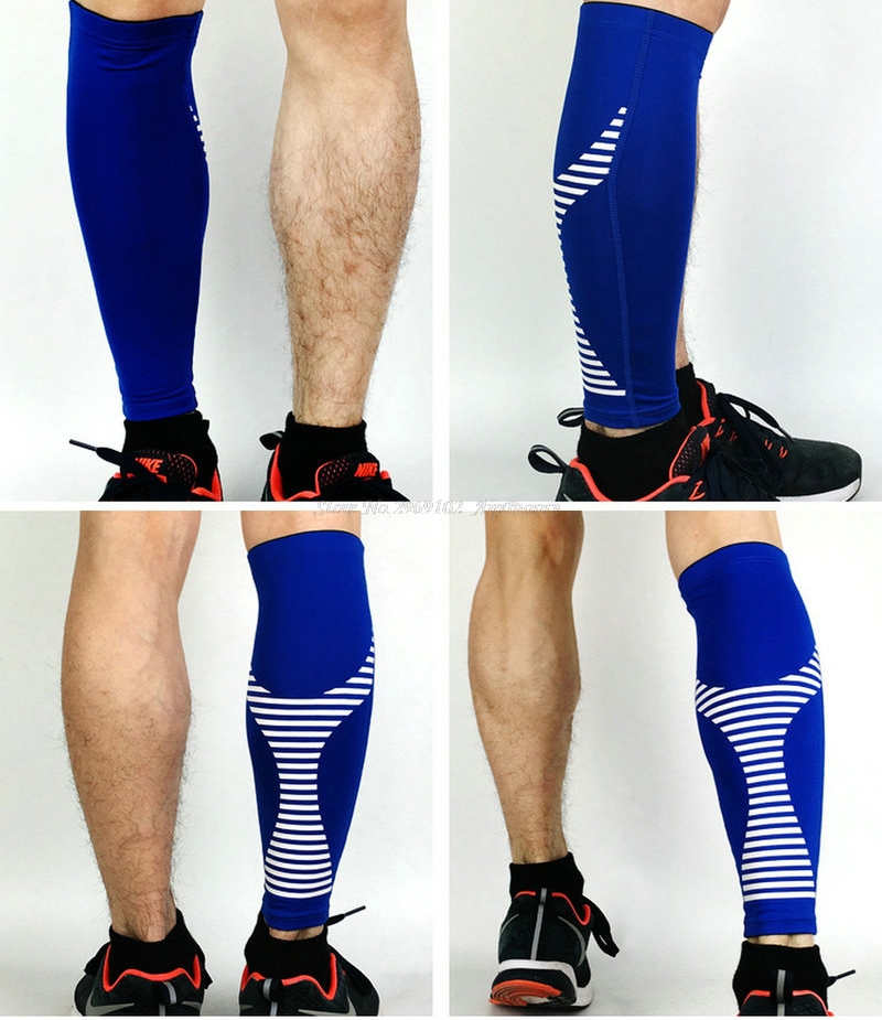 1 stks Streep Geen Slip Compressie Ademende Quick Dry Fietsen Beenwarmer Running Jogging Scheenbeschermer Kalf Protector Wandelen Brace: Blauw / L
