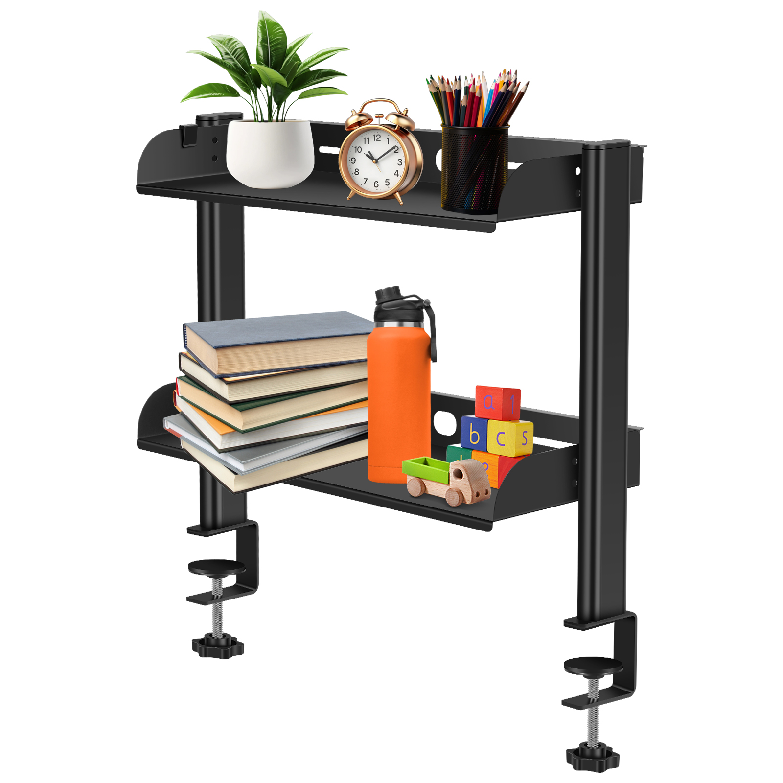 2 Tiers Desktop Bookshelf Clamp On Desk Shelf Clamp Table Mount Shelf Space Saving Desktop Clamp Shelf for Office Sturdy Table