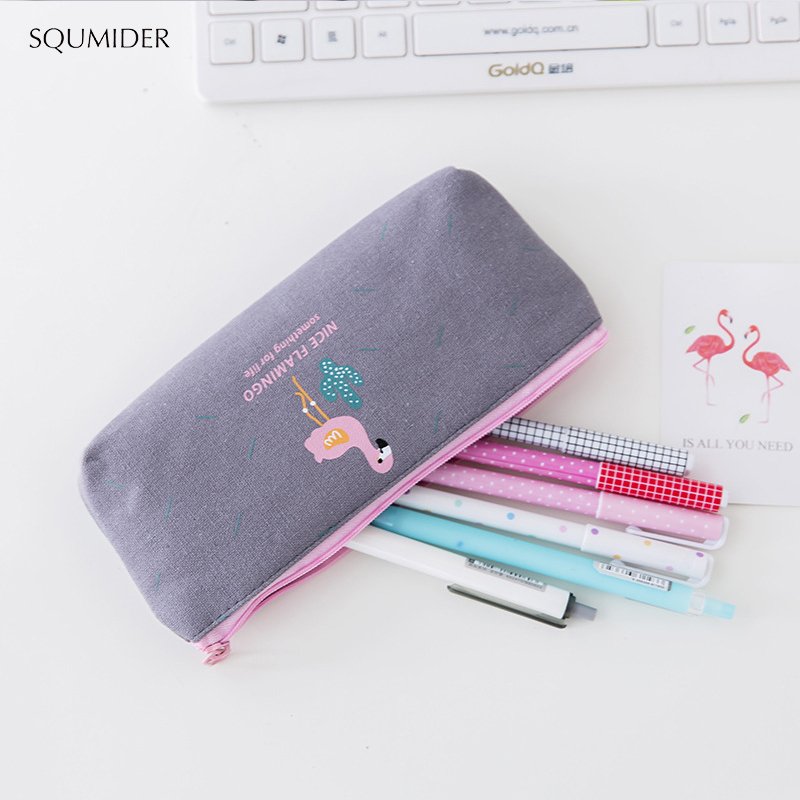 SQUMIDER 1PC Cute Flamingo Canvas Pencil Cases Stationery Storage Pen Bag School Office Pencil Bags Lovely Pencil Pouch