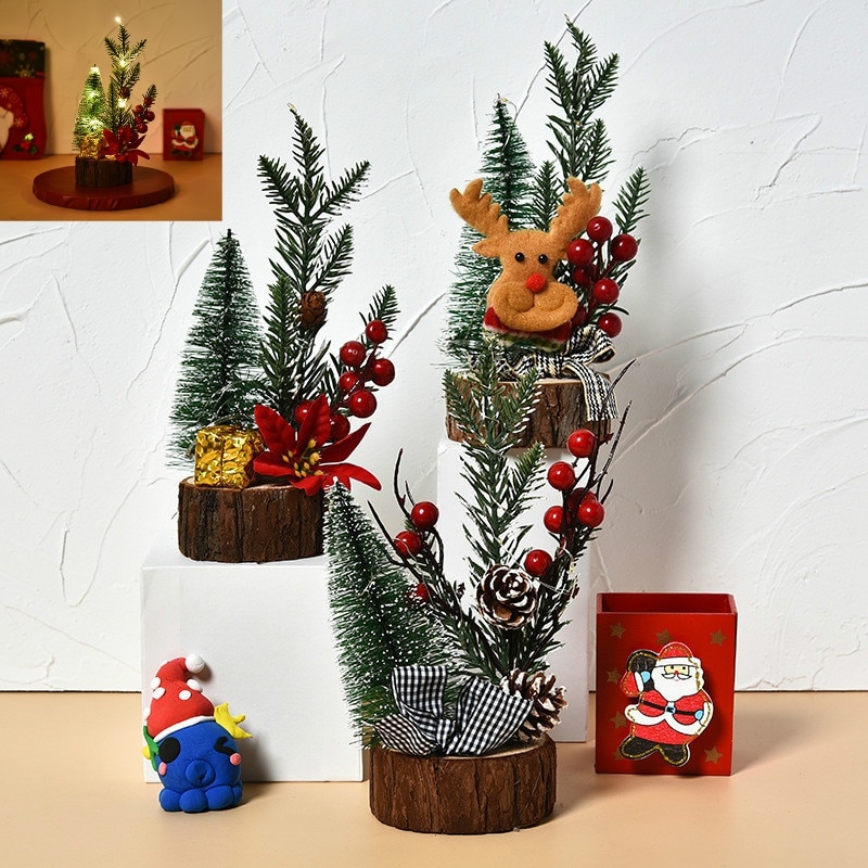 Led Mini Kerstboom Met Verlichting En Gloeiende Houten Bodem Tafelblad Xmas Boom Decoratie Ornamenten