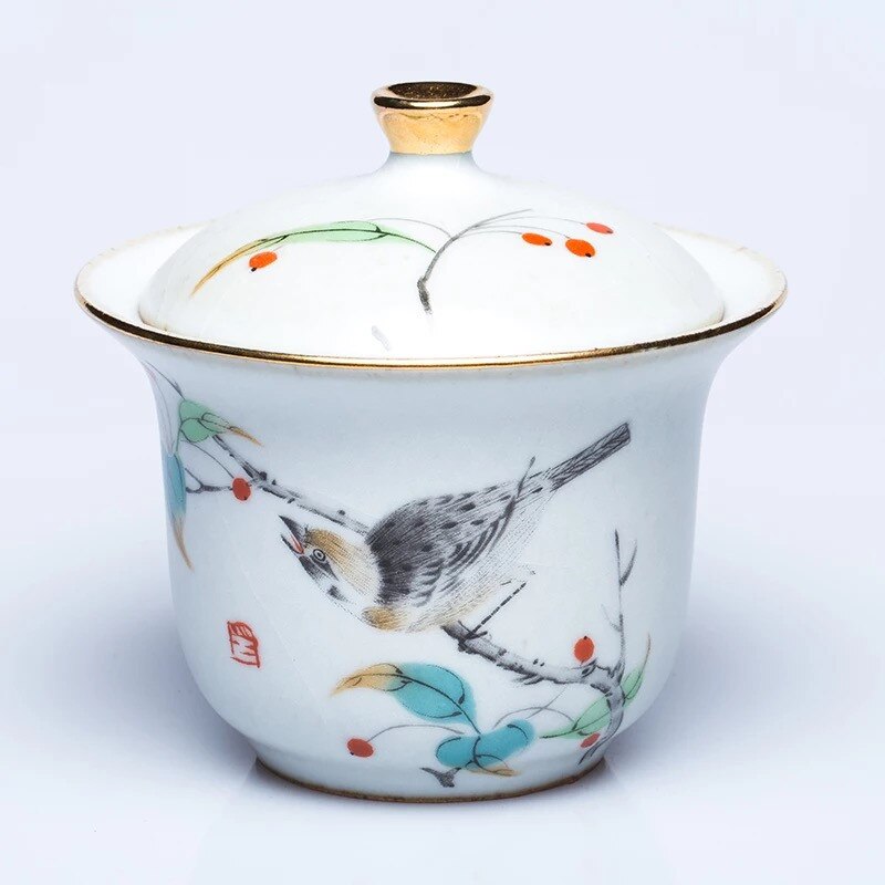 Gardon Bird Gaiwan Antique Kiln Tea Tureen Hand-painted Bird Pattern Tea Cup With Lid Ceramic Enamel Tea Ceremony Accessories: A